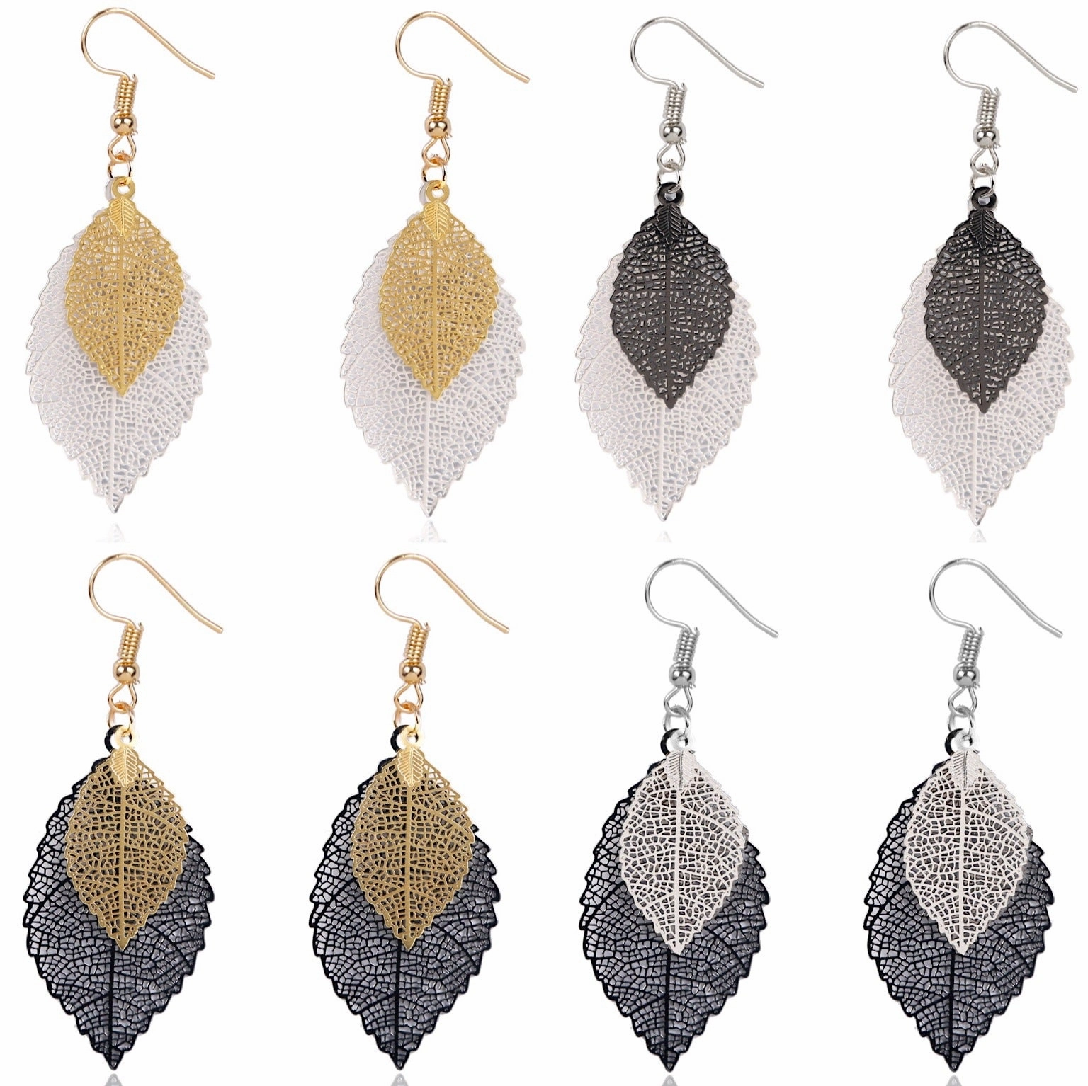 Wholesale Gold Double Hollow Leaf Alloy Earrings