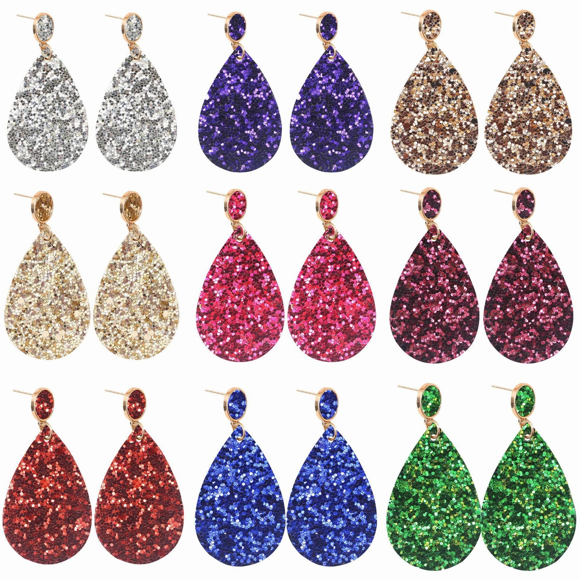 Wholesale Gold Glitter Glitter Powder Leather PU Drop Shape Earrings