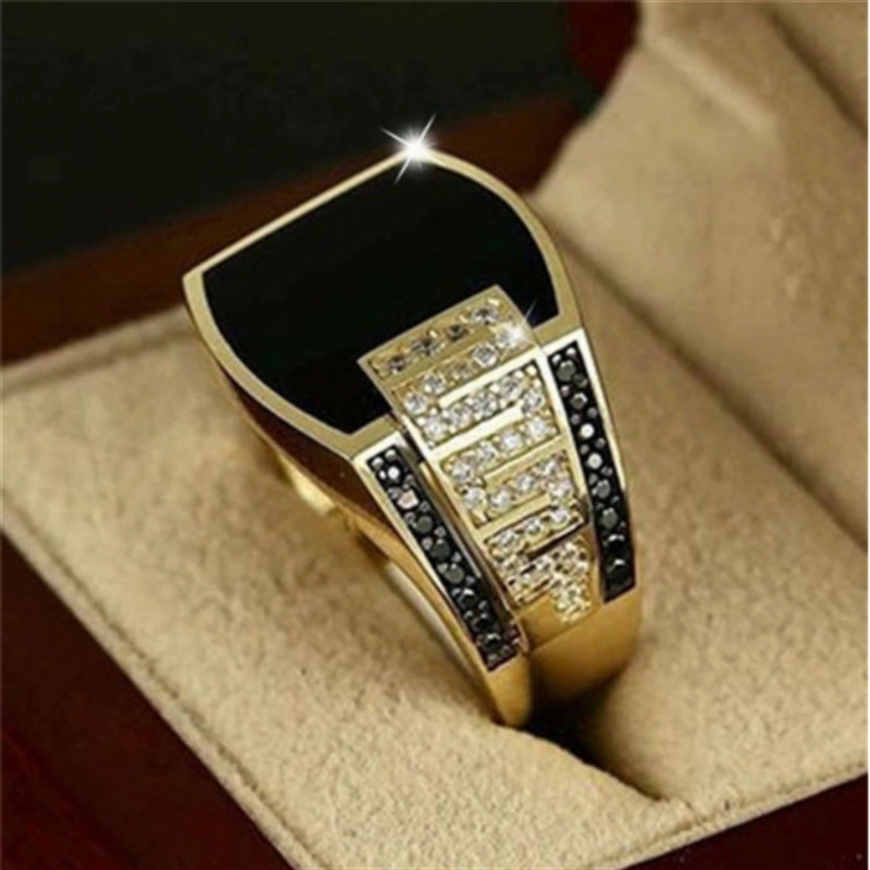 Wholesale Gold Wide Faced Black Diamond Metal Men's Rings