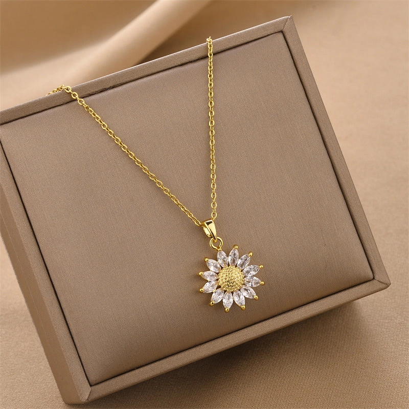 Wholesale Gold Zircon Sunflower Pendant Titanium Steel Necklaces