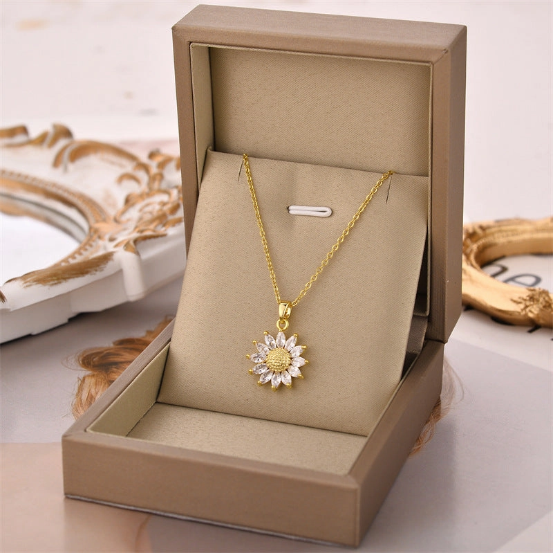 Wholesale Gold Zircon Sunflower Pendant Titanium Steel Necklaces