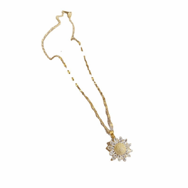 Wholesale Gold Zircon Sunflower Pendant Titanium Steel Necklaces
