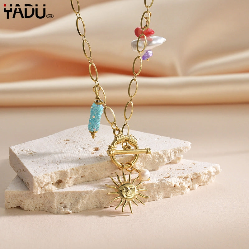 Wholesale Golden Sunflower OT Buckle Pendant Stainless Steel Creative Necklace