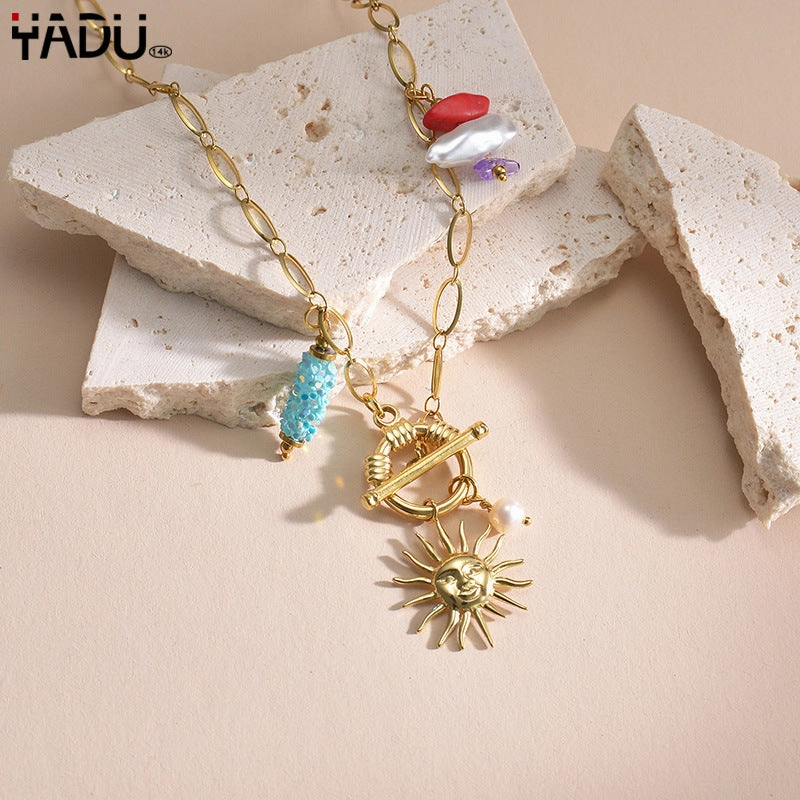 Wholesale Golden Sunflower OT Buckle Pendant Stainless Steel Creative Necklace