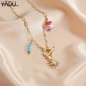 Wholesale Golden Sunflower OT Buckle Pendant Stainless Steel Creative Necklace