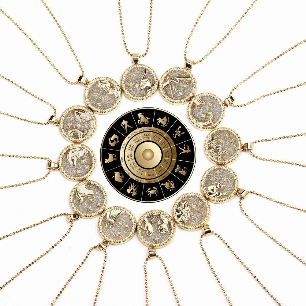 Wholesale Golden Zodiac Sign Coin Clavicle Chain Sweater Chain