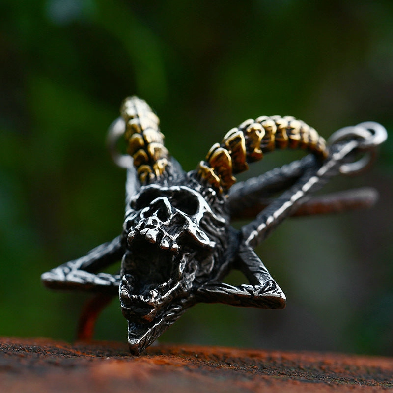 Wholesale Goth Stainless Steel Five-pointed Star Sheep Head Skull Pendant Necklace