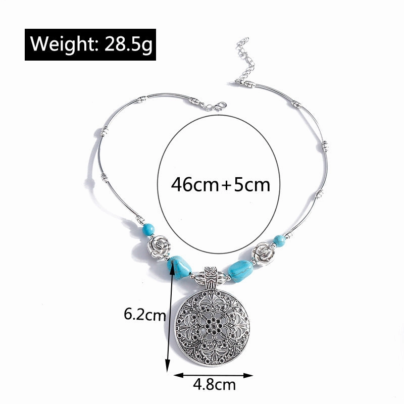 Wholesale Goth Theme Retro Ethnic Style Hidden Silver Creative Design Hollow Carved Turquoise Necklace