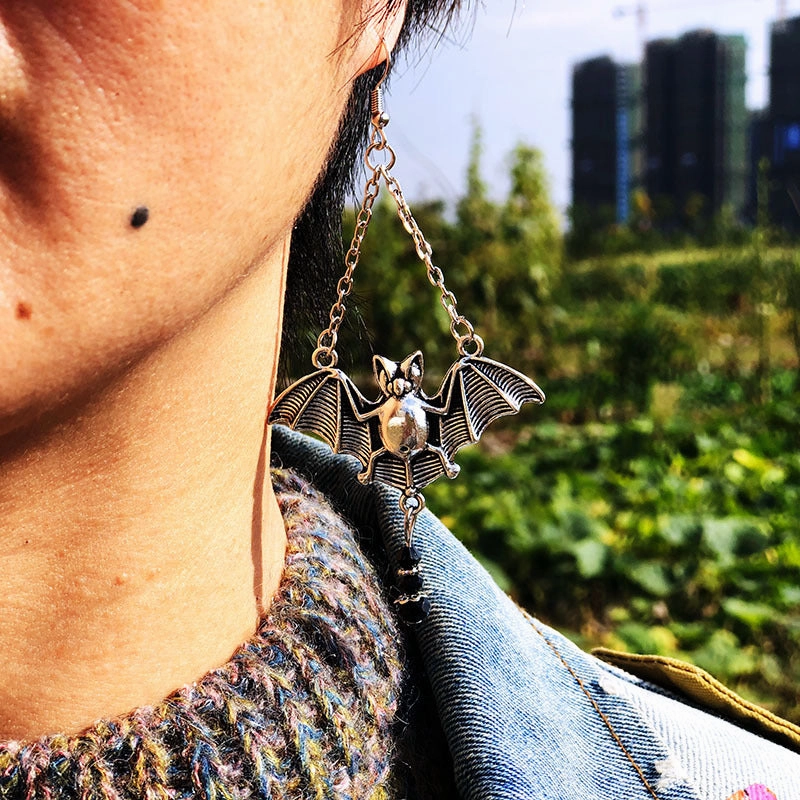 Wholesale Gothic Bat Tassel Crystal Alloy Earrings