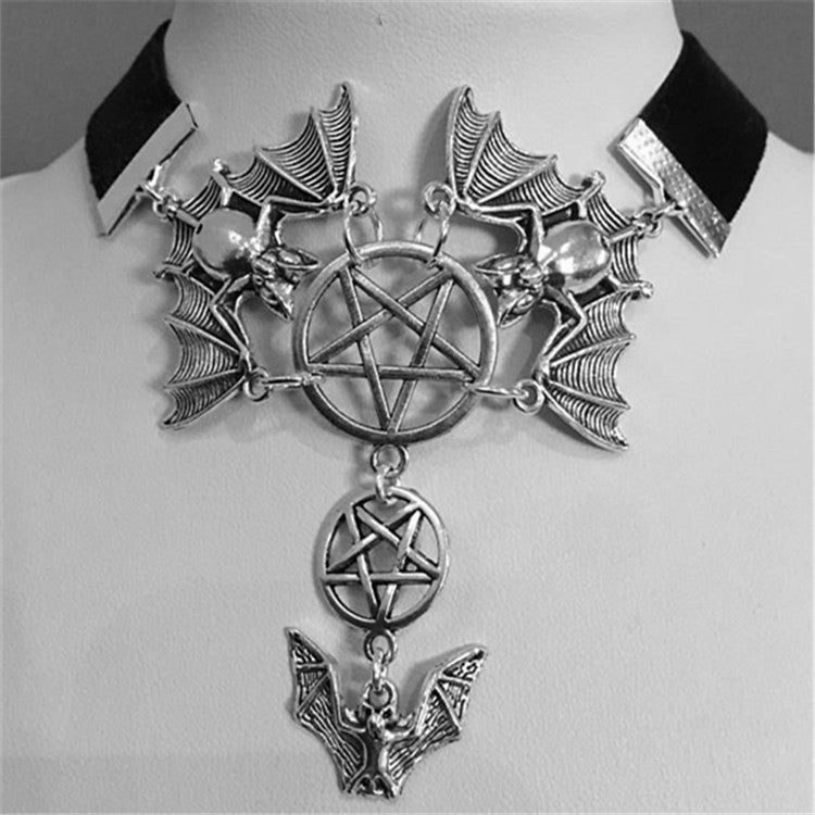 Wholesale Gothic Flying Bat Inverted Pentagram Black Velvet Short Alloy Necklace
