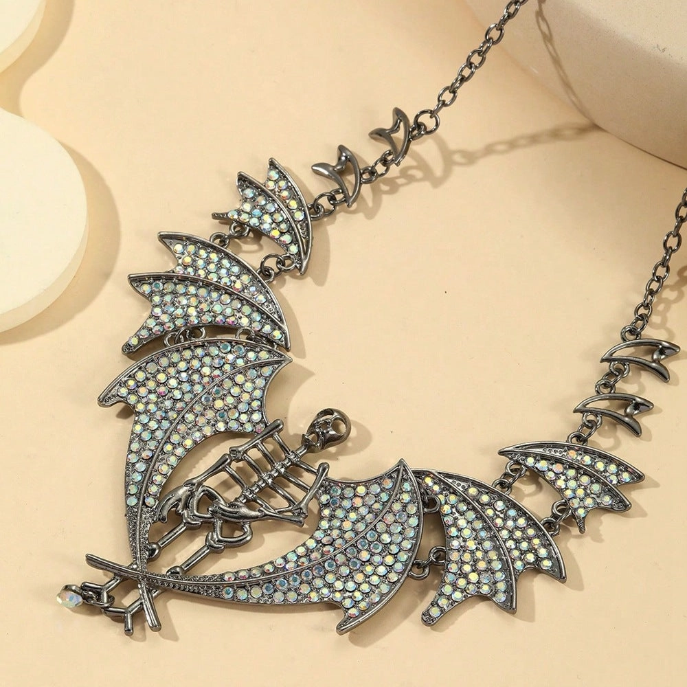 Wholesale Gothic Halloween Exaggerated Full Diamond Skull Bat Alloy Necklace