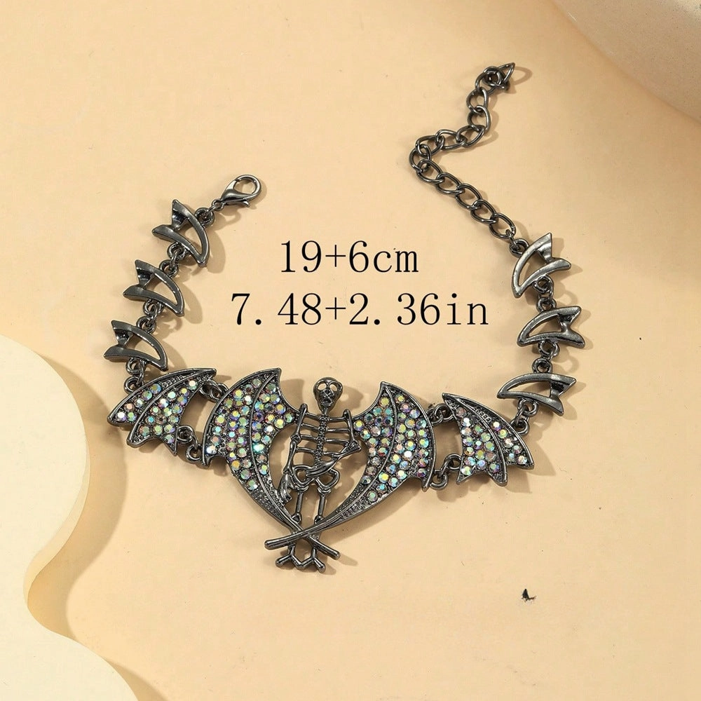Wholesale Gothic Halloween Exaggerated Full Diamond Skull Bat Alloy Necklace