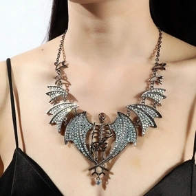 Wholesale Gothic Halloween Exaggerated Full Diamond Skull Bat Alloy Necklace