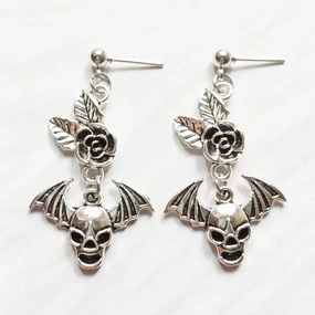 Wholesale Gothic Rose Bat Wings Skull Pendant Earrings