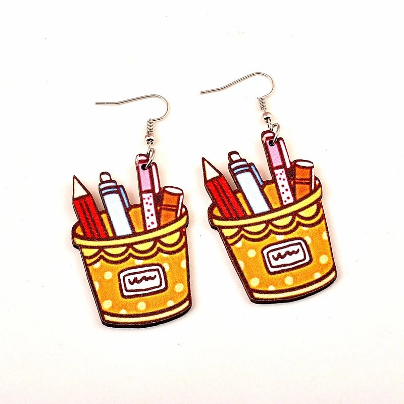 Wholesale Graduation Season Wood Printing School Supplies Earrings