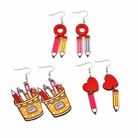 Wholesale Graduation Season Wood Printing School Supplies Earrings