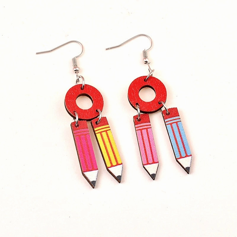 Wholesale Graduation Season Wood Printing School Supplies Earrings