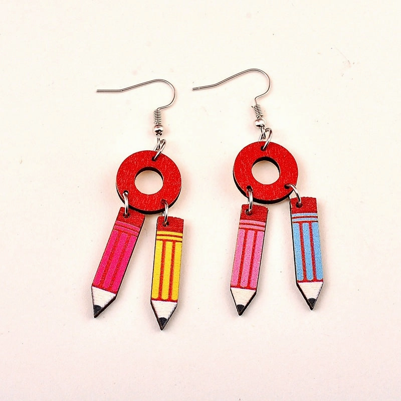 Wholesale Graduation Season Wood Printing School Supplies Earrings
