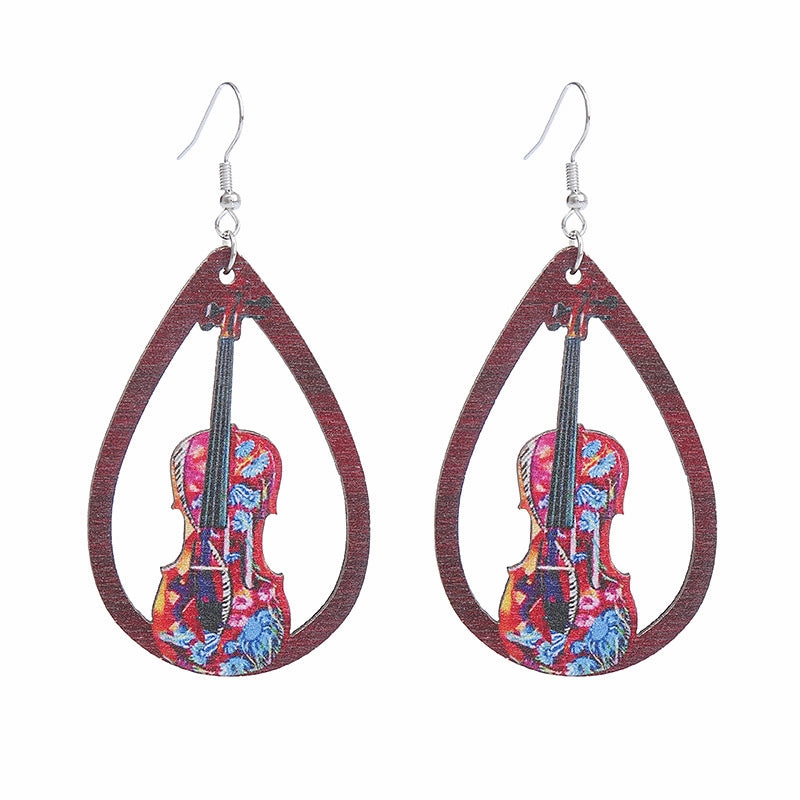 Wholesale Gramophone Guitar Harp Wooden Earrings