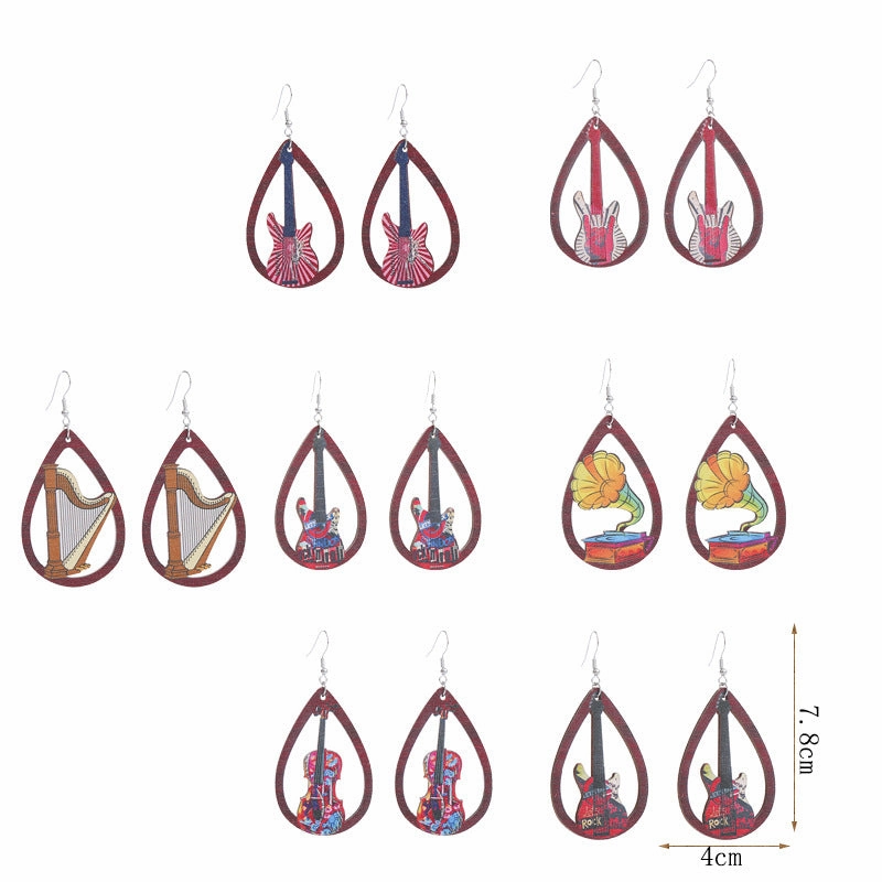 Wholesale Gramophone Guitar Harp Wooden Earrings