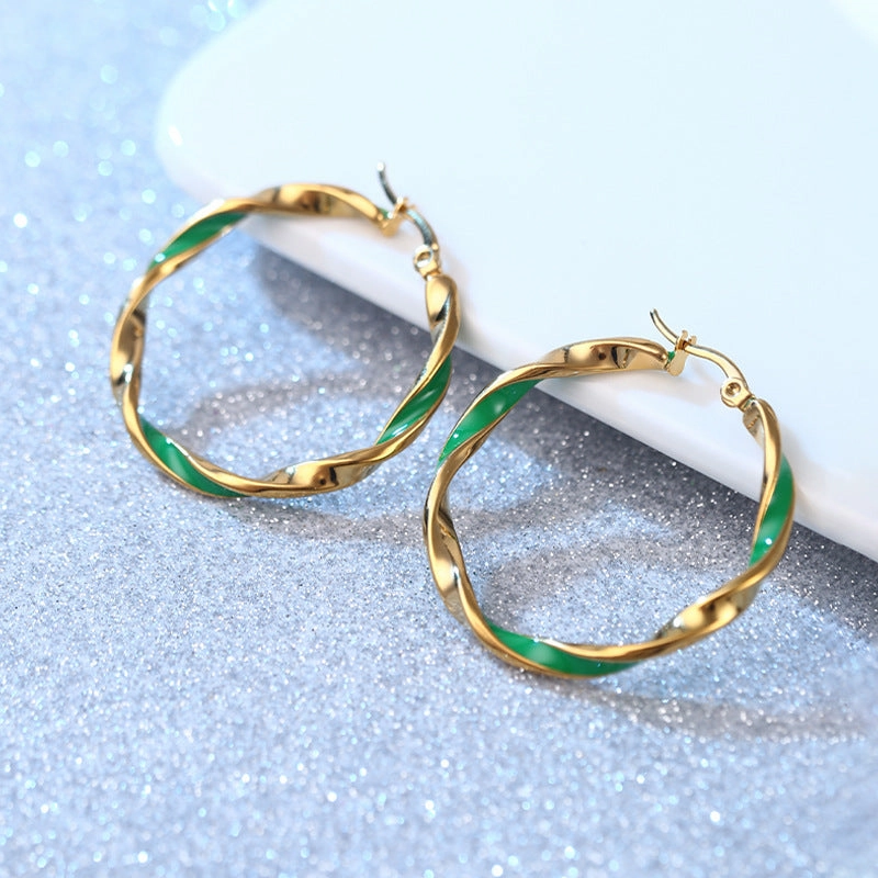 Wholesale Green Drip Oil Round Stainless Steel Mobius Ring Earrings