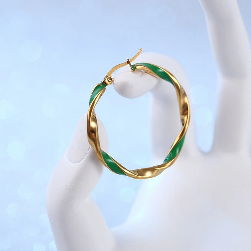 Wholesale Green Drip Oil Round Stainless Steel Mobius Ring Earrings
