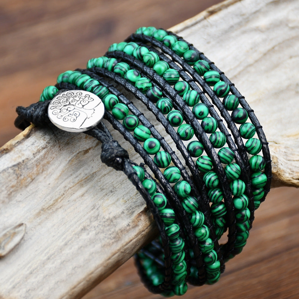 Wholesale Green Malachite Hand Woven 5 Turns Wrapped Bracelet