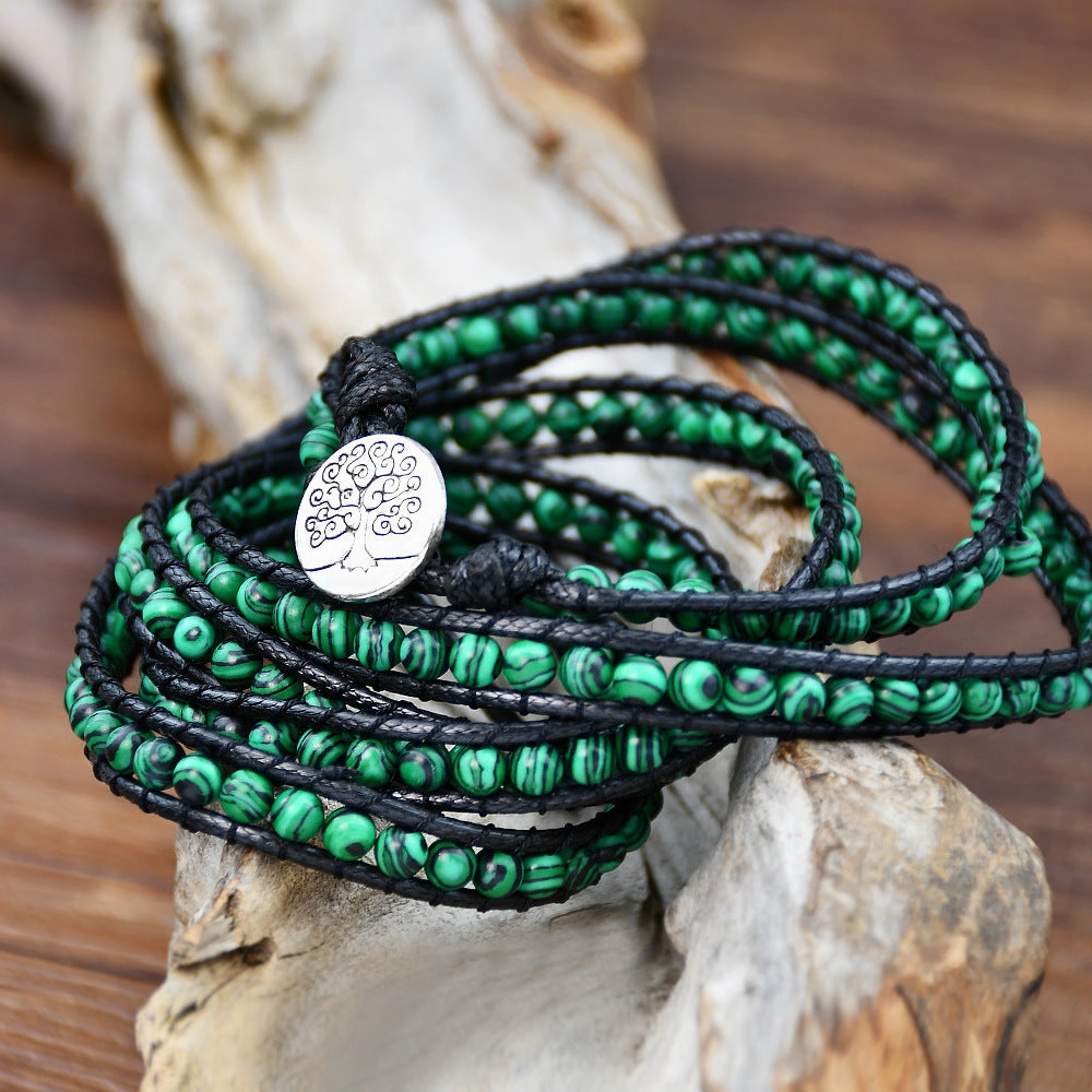 Wholesale Green Malachite Hand Woven 5 Turns Wrapped Bracelet