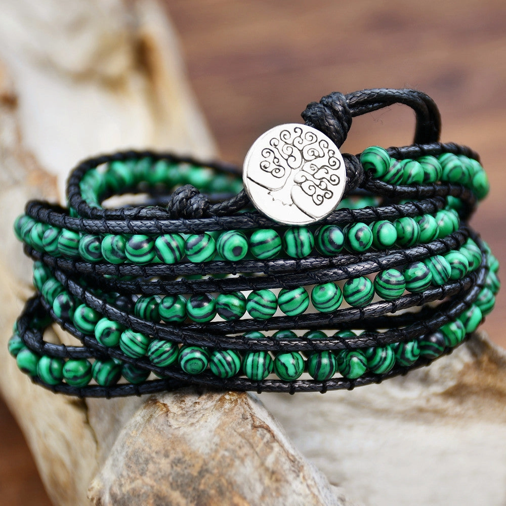 Wholesale Green Malachite Hand Woven 5 Turns Wrapped Bracelet