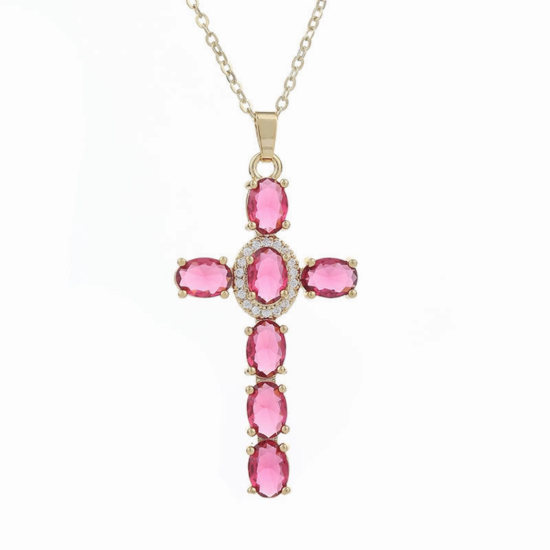 Wholesale Gut Copper Inlaid Zircon Cross Necklace Plated Real Gold Ladies Clavicle Chain