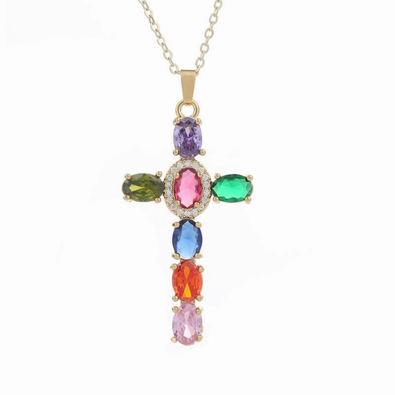 Wholesale Gut Copper Inlaid Zircon Cross Necklace Plated Real Gold Ladies Clavicle Chain