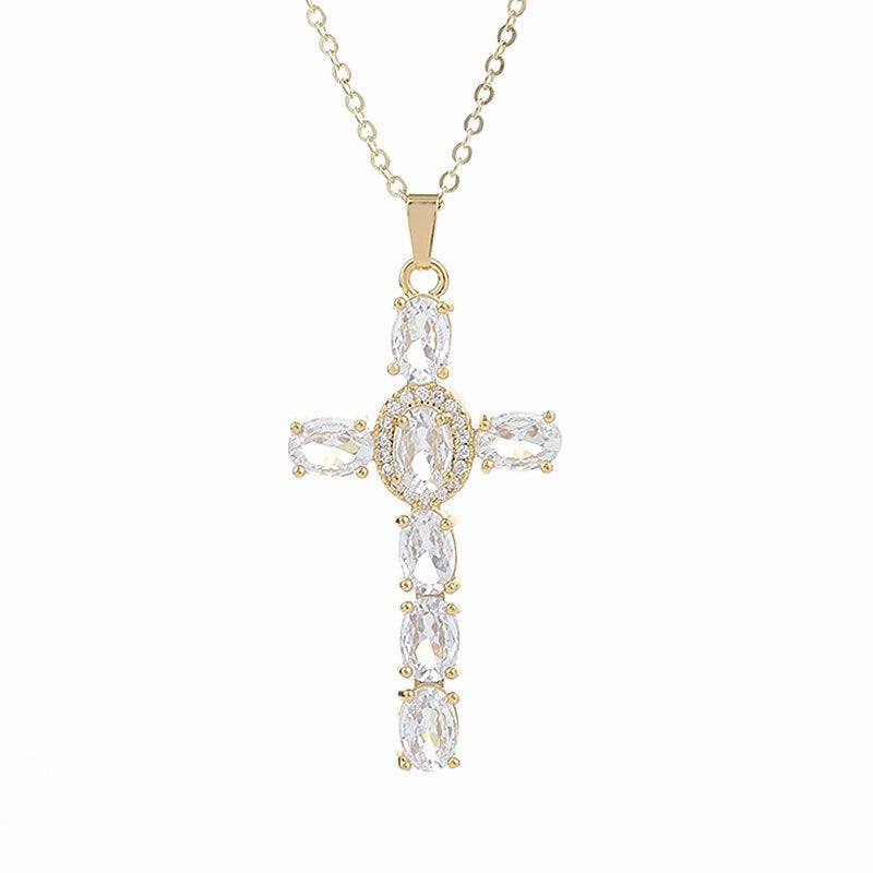 Wholesale Gut Copper Inlaid Zircon Cross Necklace Plated Real Gold Ladies Clavicle Chain