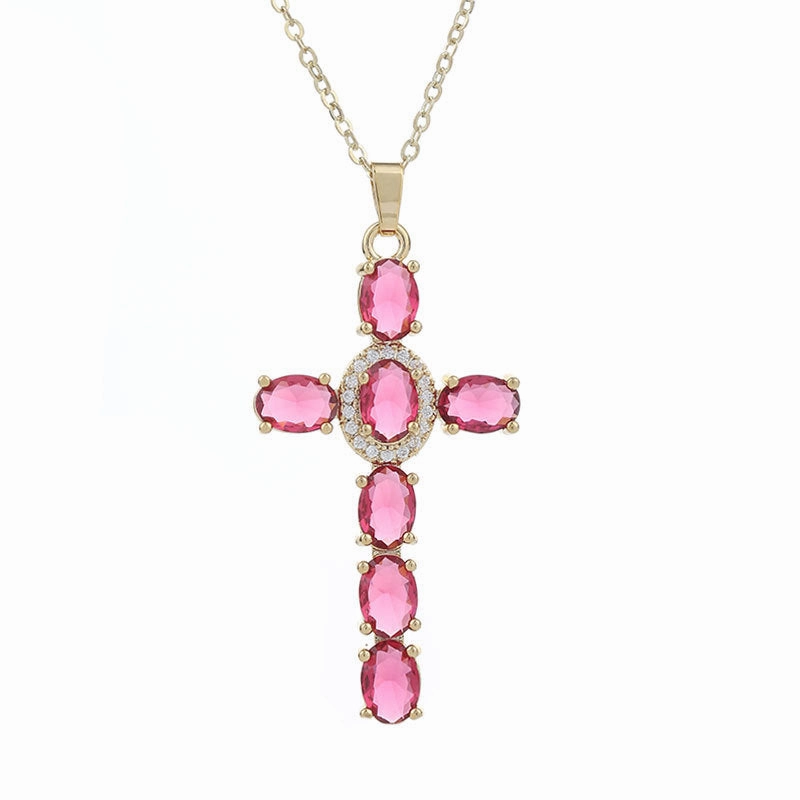 Wholesale Gut Copper Inlaid Zircon Cross Necklace Plated Real Gold Ladies Clavicle Chain