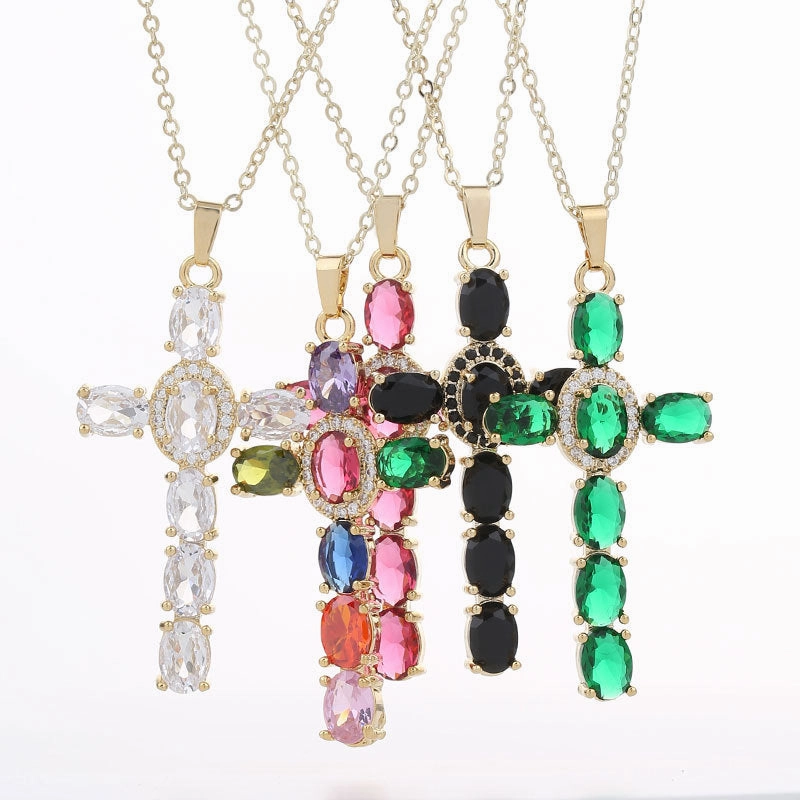 Wholesale Gut Copper Inlaid Zircon Cross Necklace Plated Real Gold Ladies Clavicle Chain