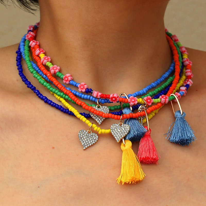 Wholesale Gut Handwoven Glass Beads Tassel Necklace Fashion Stacked Wearing Style Clavicle Chain