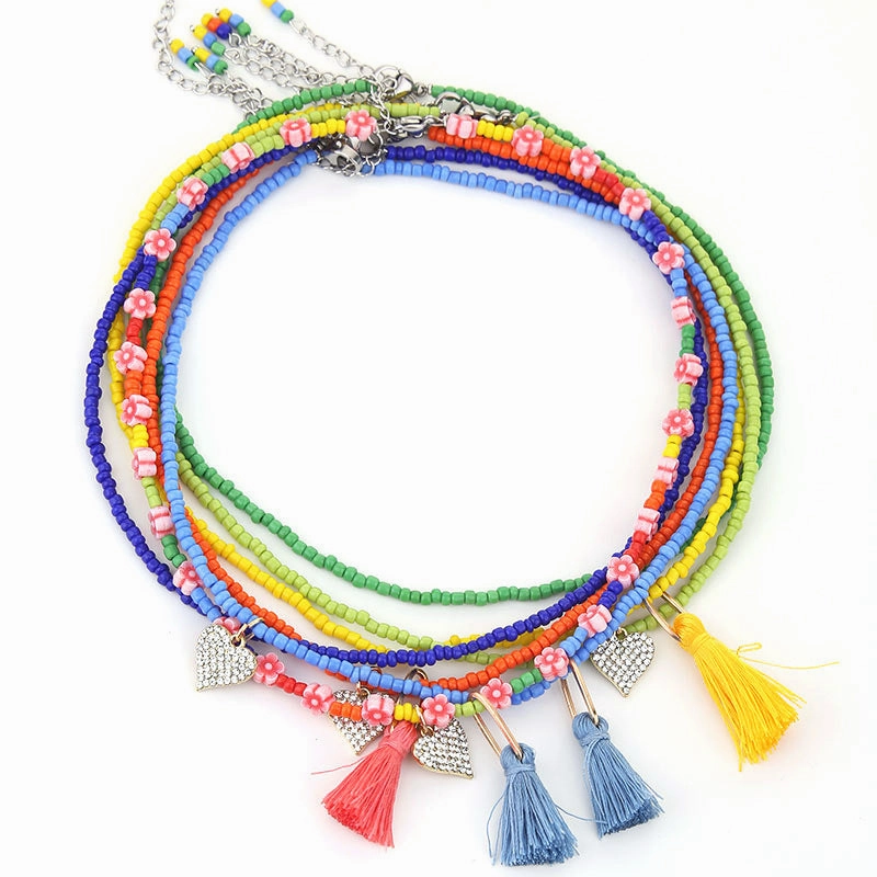 Wholesale Gut Handwoven Glass Beads Tassel Necklace Fashion Stacked Wearing Style Clavicle Chain