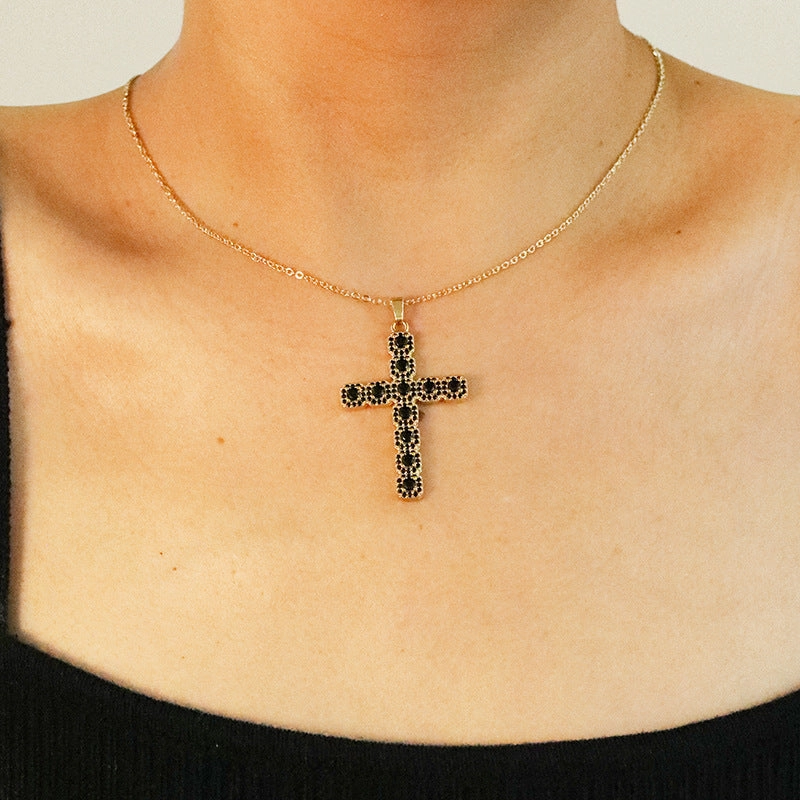 Wholesale Gut Light Luxury Copper Plated Real Gold Cross Necklace Super Flash Inlaid Zircon Ladies Necklace