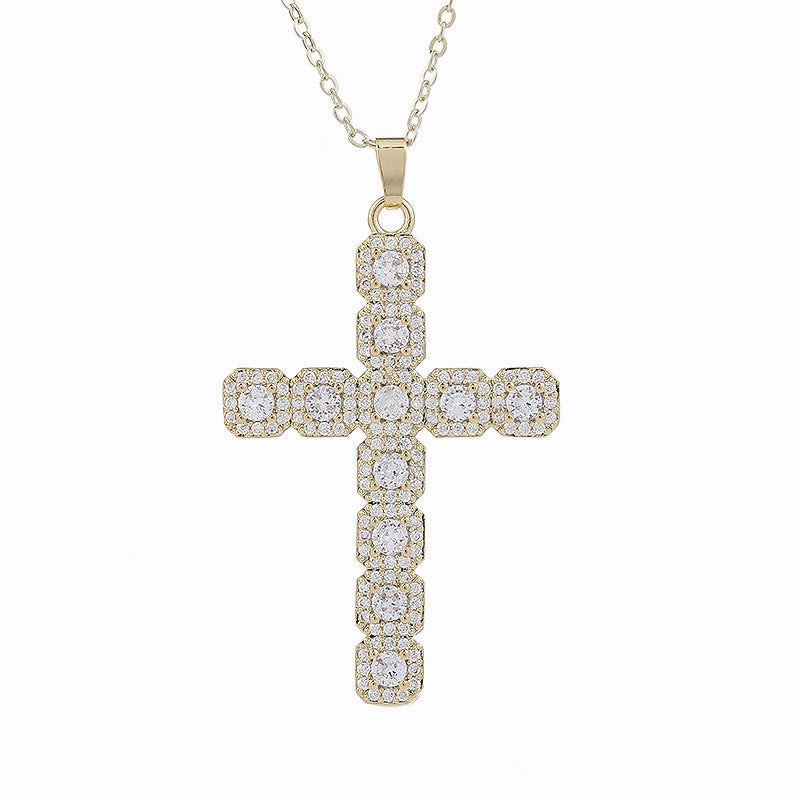 Wholesale Gut Light Luxury Copper Plated Real Gold Cross Necklace Super Flash Inlaid Zircon Ladies Necklace