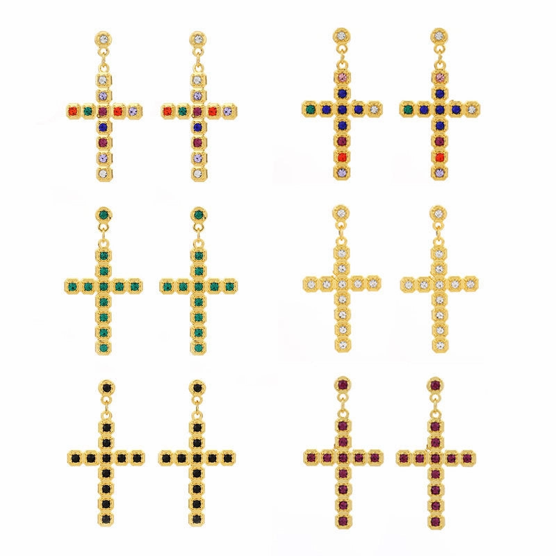 Wholesale Gute Alloy Inlaid Colored Diamond Cross Super Flash Ladies Earrings