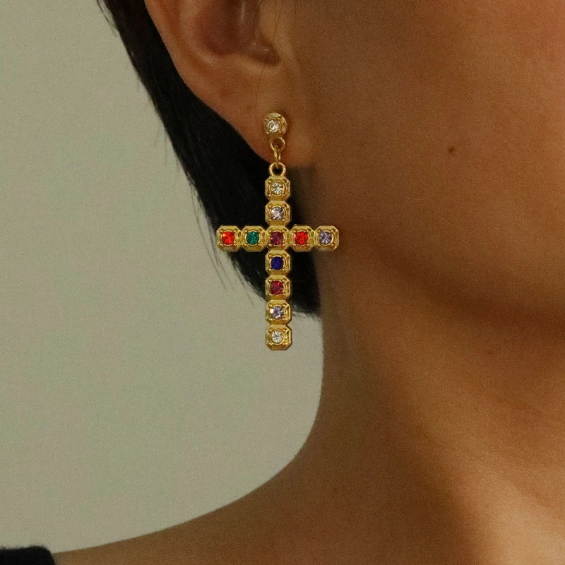 Wholesale Gute Alloy Inlaid Colored Diamond Cross Super Flash Ladies Earrings