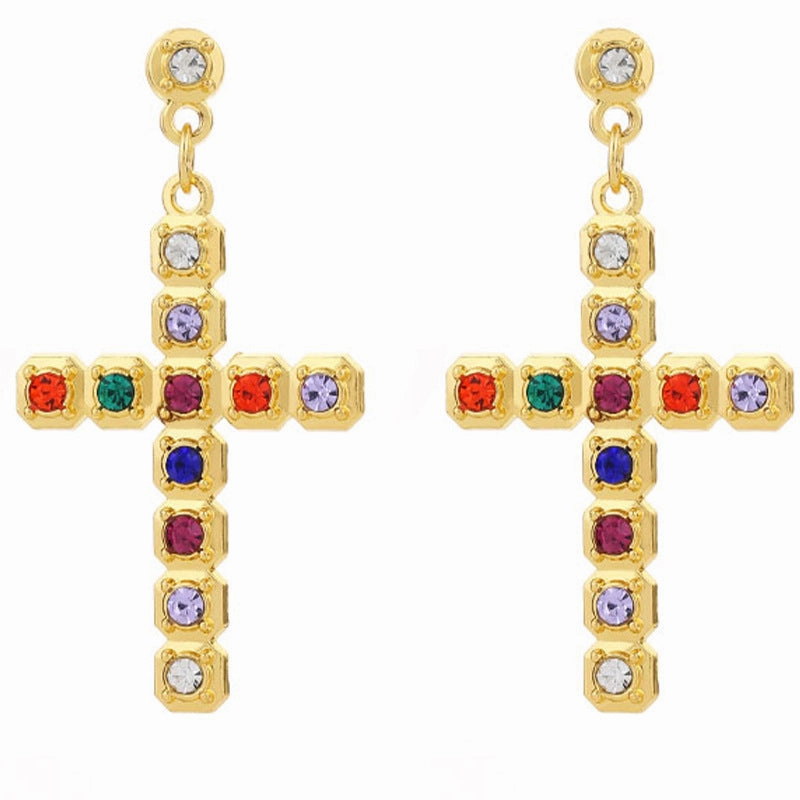 Wholesale Gute Alloy Inlaid Colored Diamond Cross Super Flash Ladies Earrings