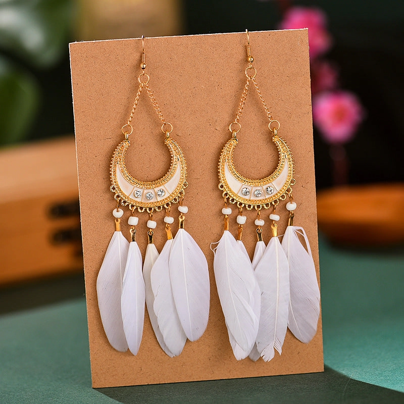 Wholesale Half Round Long Feather Alloy Earrings