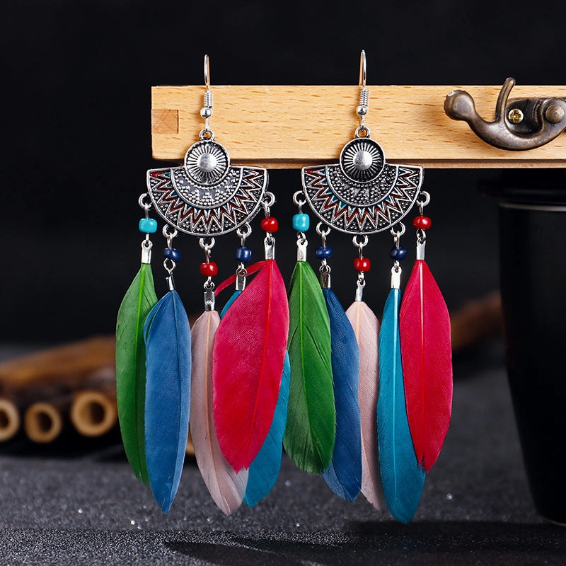 Wholesale Half Round Long Feather Alloy Earrings