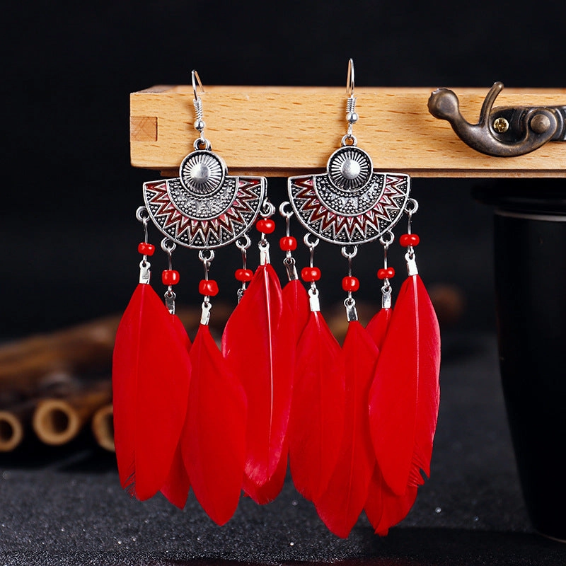 Wholesale Half Round Long Feather Alloy Earrings