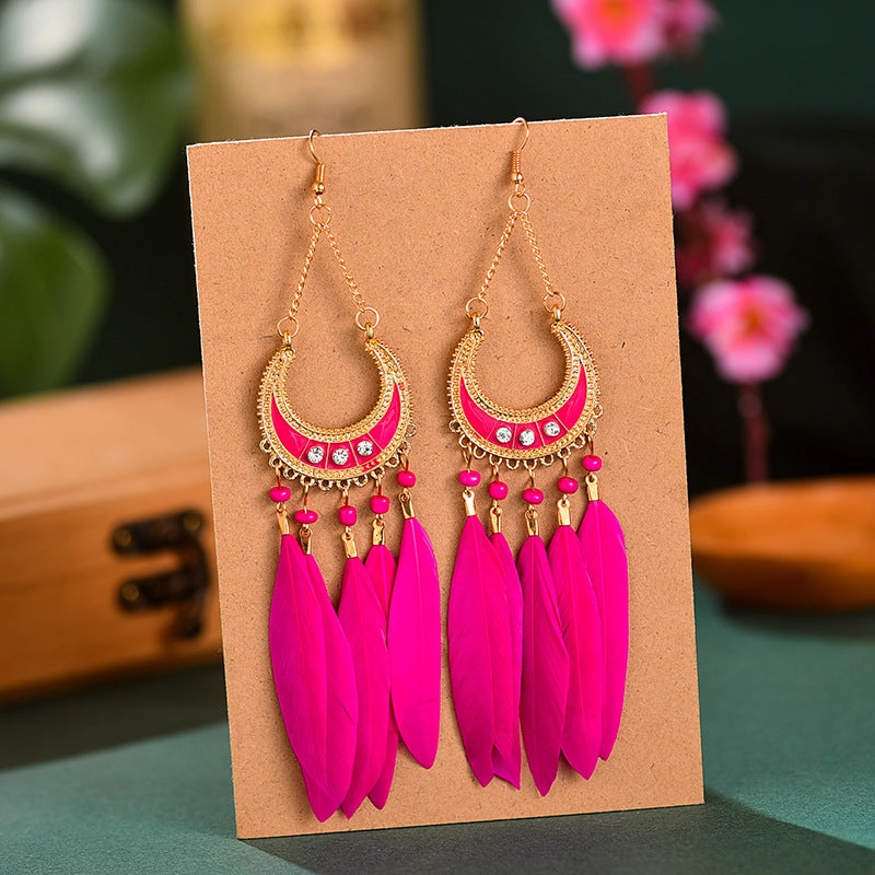 Wholesale Half Round Long Feather Alloy Earrings