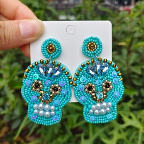 Wholesale Halloween Creative Hand-sewn Rice Beads Beaded Skull Earrings