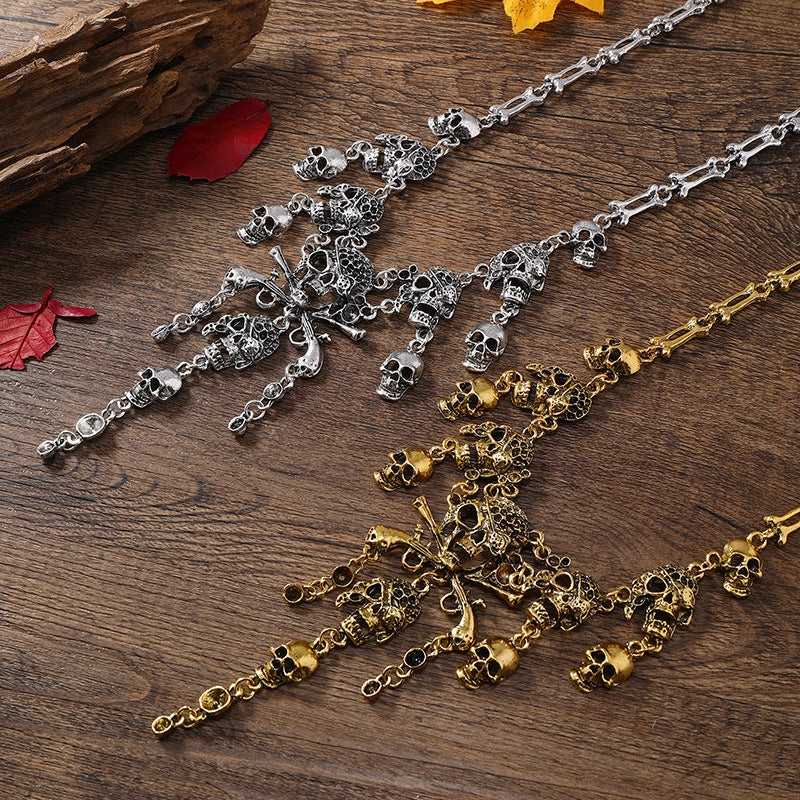 Wholesale Halloween Dark Retro Metal Tassel Skull Short Necklace