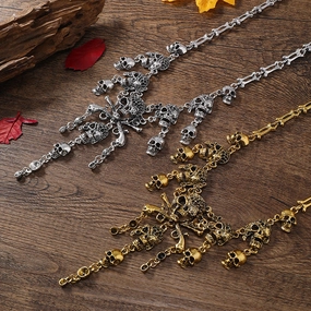 Wholesale Halloween Dark Retro Metal Tassel Skull Short Necklace