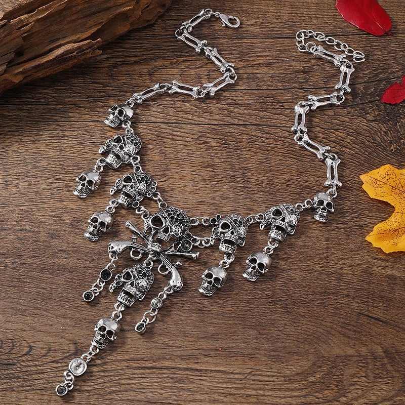 Wholesale Halloween Dark Retro Metal Tassel Skull Short Necklace
