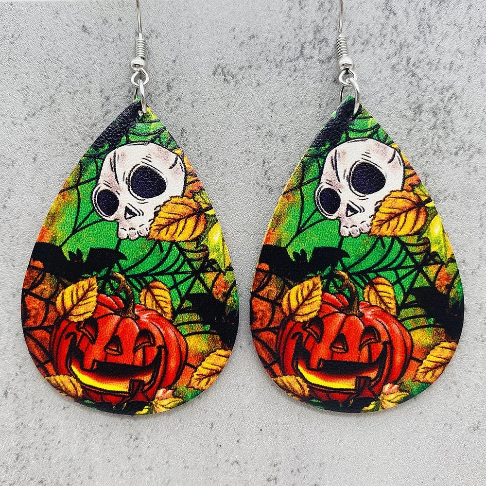 Wholesale Halloween Flower Skull Double Sided Leather Water Drop Earrings